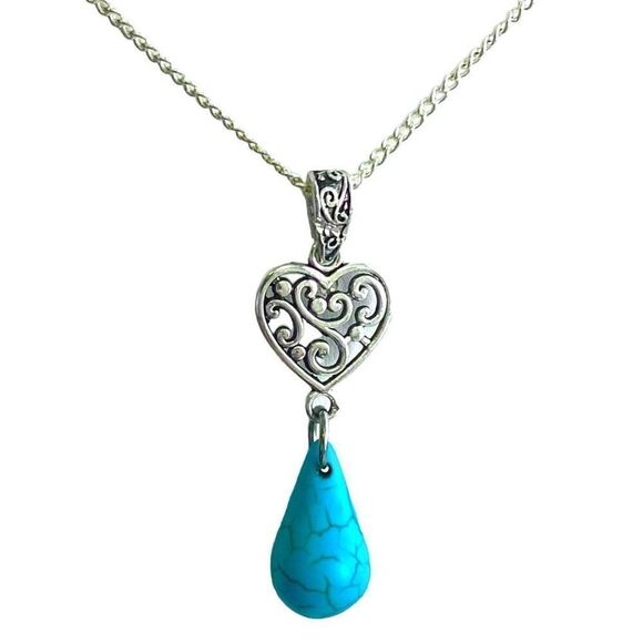 AUO Sterling 925 Silver Heart  & Turquoise Necklace - Picture 1 of 11